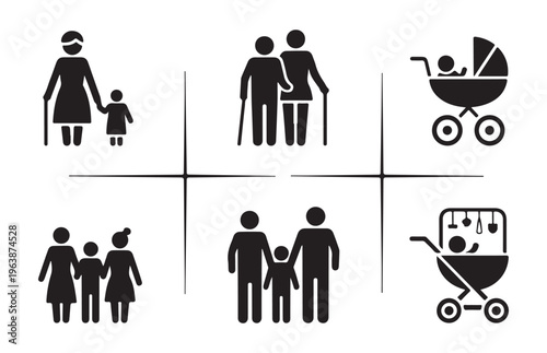 Family icons family members and baby strollers representing different generations and care for children.