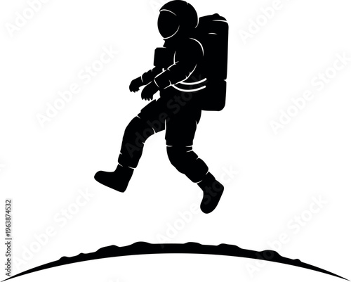 Astronaut silhouette jumping or walking on curved surface illustration
