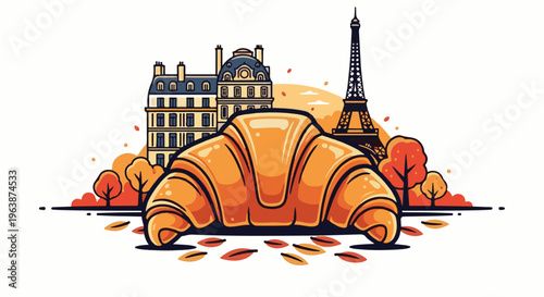 A warm croissant sits in front of Parisian buildings and autumn trees