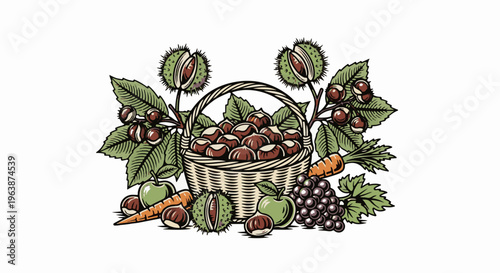 Abundant harvest basket filled with chestnuts, apples, grapes, and carrots