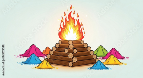 Vibrant holi festival fire pit with colorful powder piles
