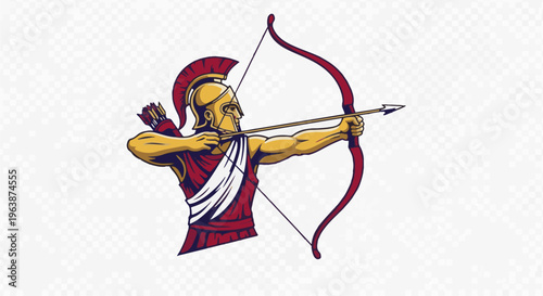 A warrior in ancient armor aims a bow and arrow, focused on target