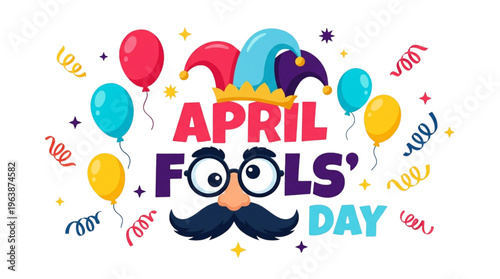 Playful April Fools Day Celebration with Balloons Confetti and Jester Hat for Festive Marketing Campaigns