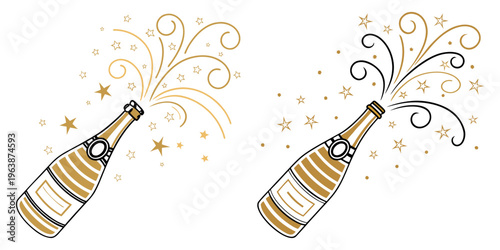 A festive illustration of two stylized champagne bottles popping with golden swirls, stars, and black confetti.