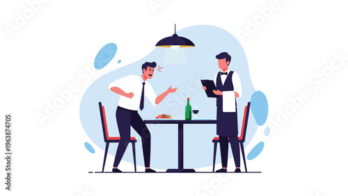 Frustrated businessman complaining about his food to a professional waiter in a restaurant setting with a wine bottle.