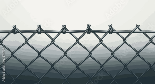 A close-up view of a chain-link fence against a muted, layered background