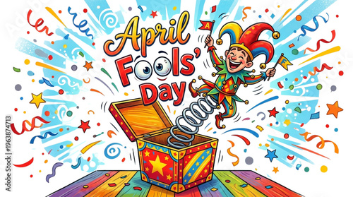 Joyful April Fools' Day Prank Surprise with Jester Jack-in-the-Box, Festive Fun for Marketing Campaigns