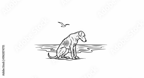 A lone, thin dog sits by water while a bird flies above
