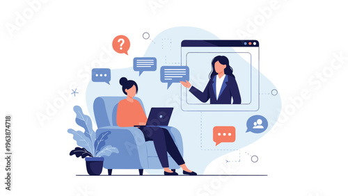 Woman working on her laptop from a comfortable armchair while interacting with a customer support representative online.