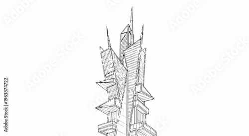 Abstract geometric skyscraper with sharp angles and tiered sections