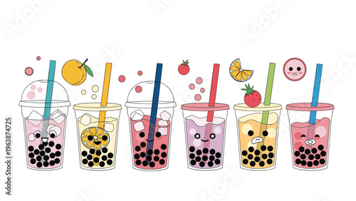 Assorted cute bubble tea drinks with adorable faces colorful straws and floating fruits on a plain white background.