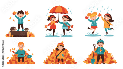 Group of happy children enjoying autumn activities such as jumping in leaf piles playing with hedgehogs and umbrellas.