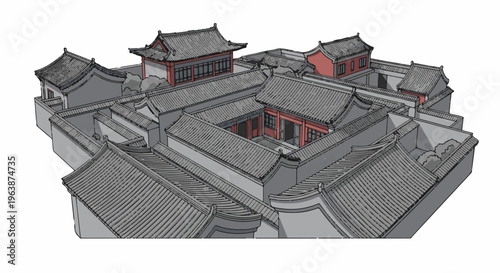 Architectural illustration of a traditional courtyard complex with tiered roofs