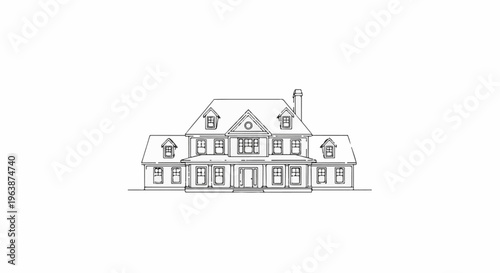 Architectural line drawing of a grand two-story house with a central dormer and porch
