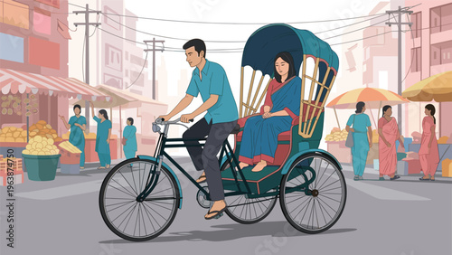 Traditional cycle rickshaw driver carrying a woman passenger through a busy marketplace in an Indian city at sunset time.