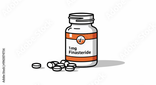 A white bottle with an orange band contains medication, with pills scattered nearby