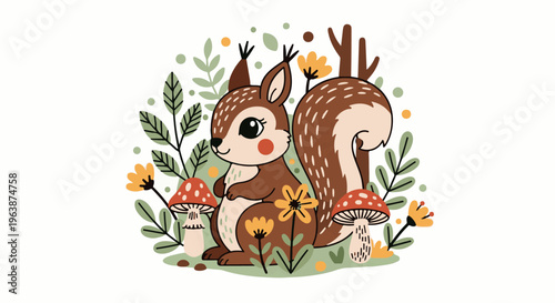 Adorable cartoon squirrel amidst forest flora and fungi