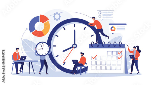 Professional team collaborating around a giant clock and calendar to manage deadlines and optimize their productivity.