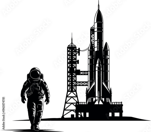 Astronaut walking towards futuristic space rocket launchpad illustration