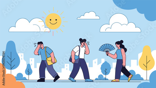 Diverse group of people suffering from extreme heat and sweating while walking under a bright sun in the city.