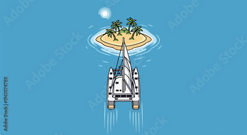 A white catamaran sails towards a tropical island under a bright sun