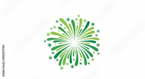 Abstract green fireworks exploding with scattered stars on a white background