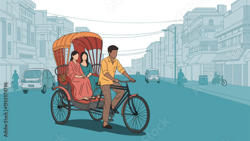 Rickshaw puller transporting two female passengers through a traditional city street with buildings and cars.