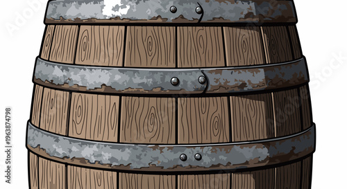 A close-up view of a wooden barrel with metal bands