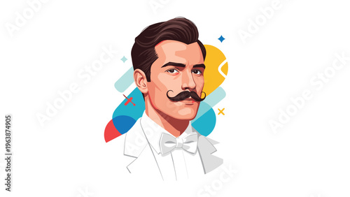 Stylized portrait of a handsome gentleman with a prominent mustache and wearing a classic white tuxedo with a bow tie.