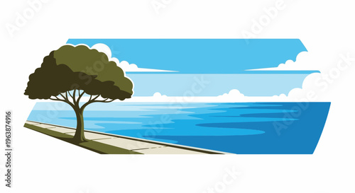 A lone tree stands on a paved walkway beside a vast expanse of blue water under a cloudy sky