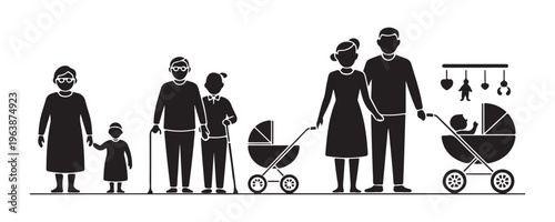 Family progression line with grandparents parents child and baby strollers showing generations and growth.