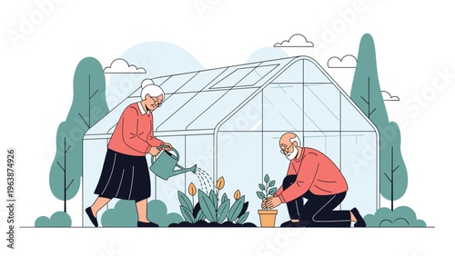 Senior man and woman working in their garden by planting saplings and watering flowers near a glass greenhouse.