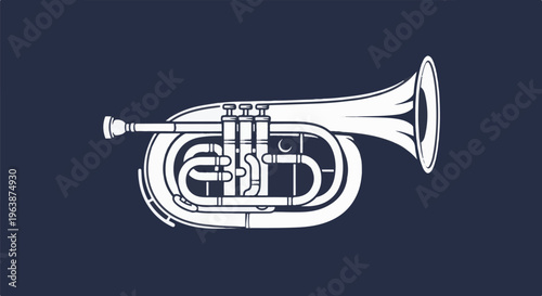 A white line drawing of a brass horn against a dark blue background