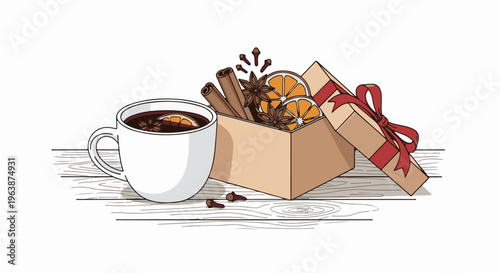 A white mug filled with spiced drink sits beside a gift box of festive ingredients