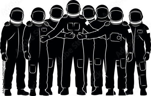 Group of astronauts standing together in space suits pose