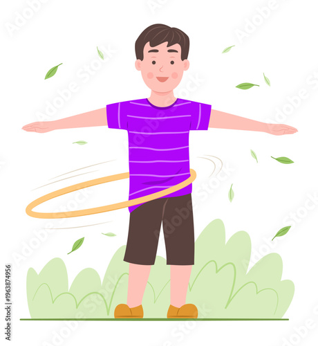 Happy Cute Cheerful Boy Playing Hula Hoop in Garden for Playing on Summer and Enjoyment Concept Illustration Clip Art