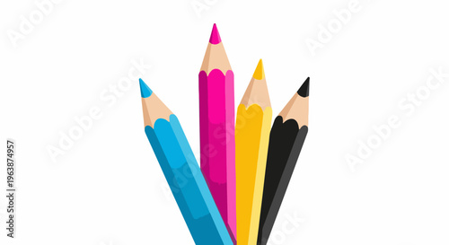 A close-up view of four colorful sharpened pencils against a white background