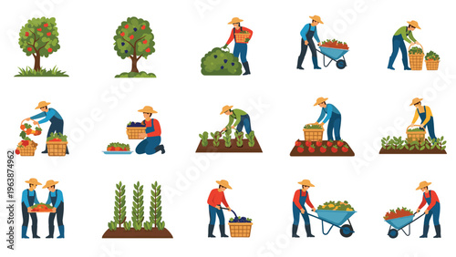Extensive set of agricultural illustrations showing farmers harvesting fruits and vegetables on a rural farm.