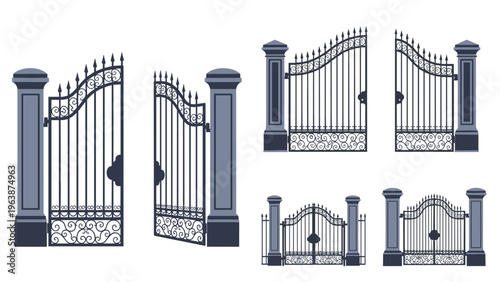 Collection of various ornate iron gates and fence designs with decorative metal work and heavy stone pillars.