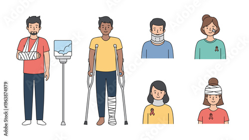 Group of people with various medical injuries like a broken arm, leg on crutches, and wearing neck braces.