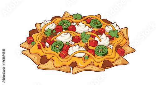 A pile of loaded nachos with melted cheese, sour cream, and toppings