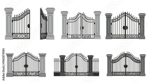 Detailed set of different wrought iron gate designs with decorative metal patterns and stone columns.