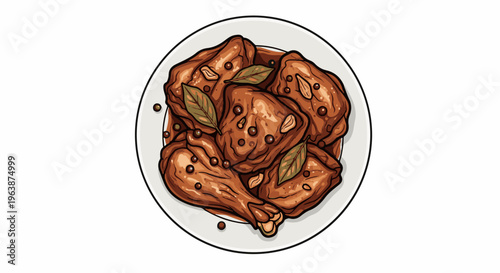 A white plate filled with glistening, brown chicken pieces and garnished with bay leaves