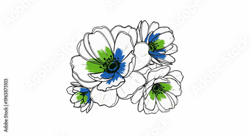 Artistic floral illustration with white petals and blue/green accents