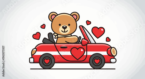 Adorable teddy bear drives red convertible surrounded by hearts