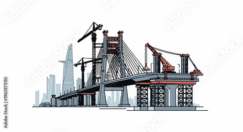 Artistic illustration of a large cable-stayed bridge under construction with cranes and city skyline