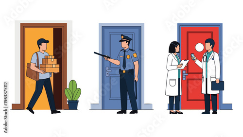 Three doors representing different essential professions including delivery, police, and medical services.