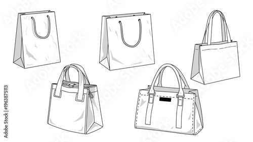 Collection of various handbag and tote bag designs in a clean line art style for fashion and retail use.