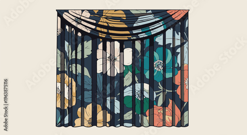 A dark navy curtain with a vintage floral pattern in muted tones