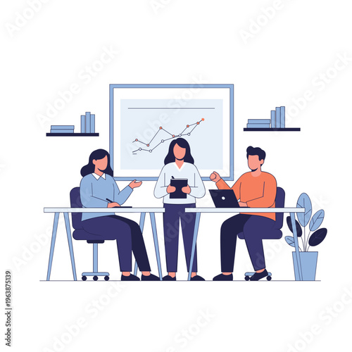 Three professionals collaborate and discuss data on a tablet and laptop on white background